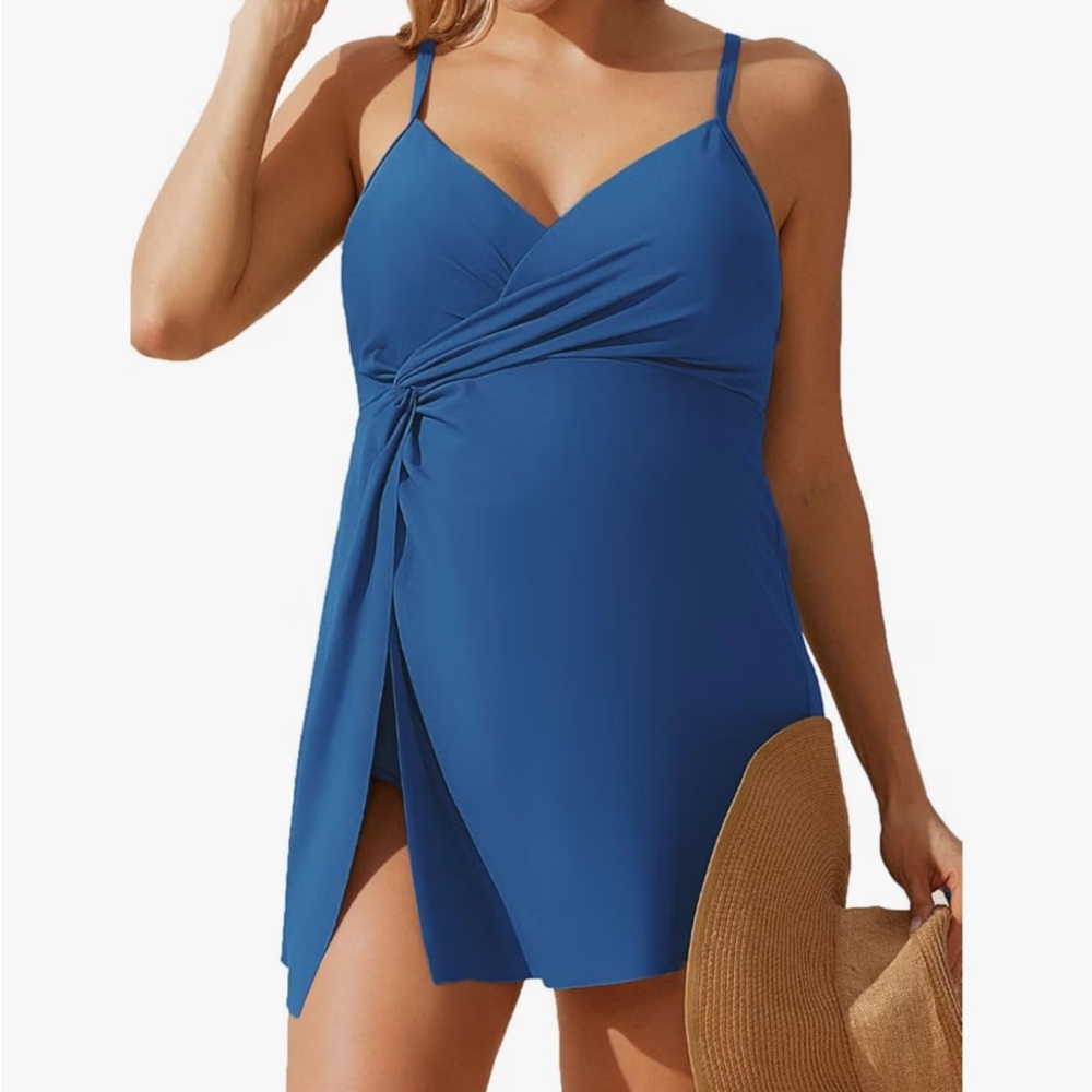 Blue Maternity Swimdress with Tie Front